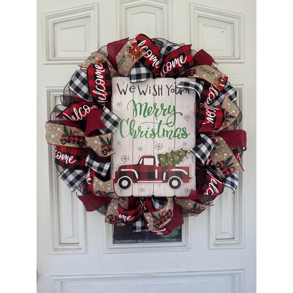 Rustic Christmas Wreath Buffalo Plaid and Vintage Truck Holiday Farmhouse Décor - Picture 1 of 8